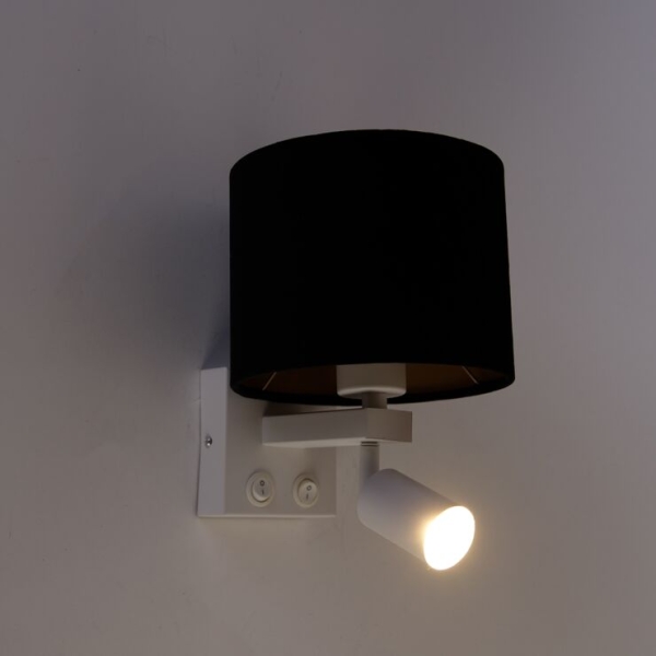 Wandlamp wit met leeslamp en kap 18 cm zwart - brescia