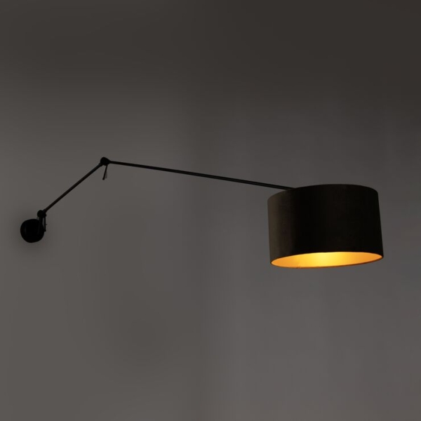 Wandlamp zwart met velours kap taupe 35 cm verstelbaar - blitz