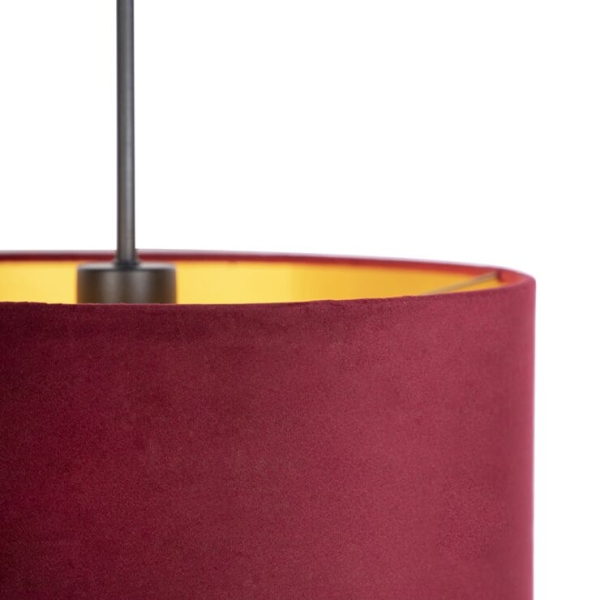 Zwarte hanglamp met velours kap rood met goud 35 cm - combi