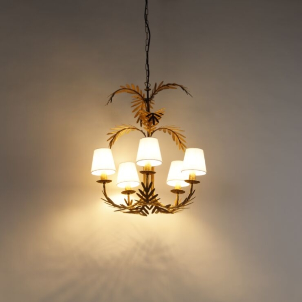 Kroonluchter goud met met linen klemkappen wit 5-lichts - botanica