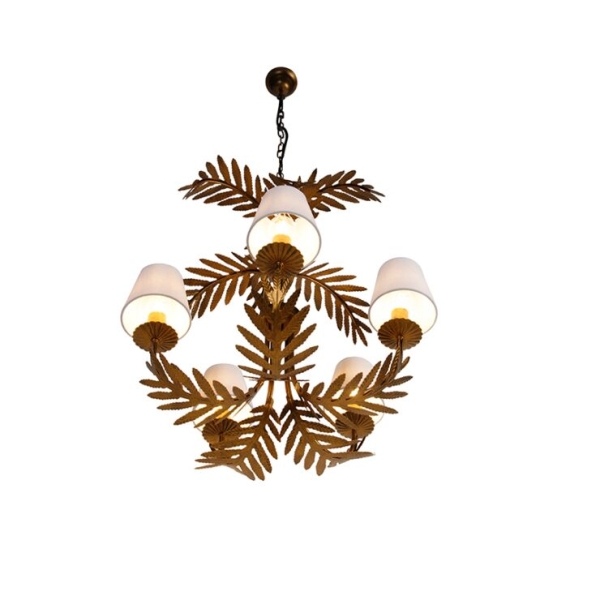 Kroonluchter goud met met linen klemkappen wit 5-lichts - botanica