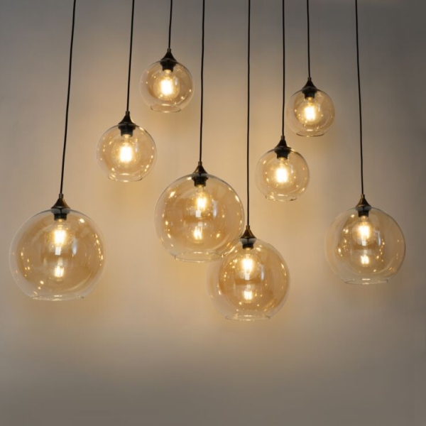 Art deco hanglamp donkerbrons met amber glas ovaal 8-lichts - sandra