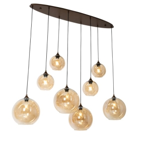 Art Deco hanglamp donkerbrons met amber glas ovaal 8-lichts - Sandra