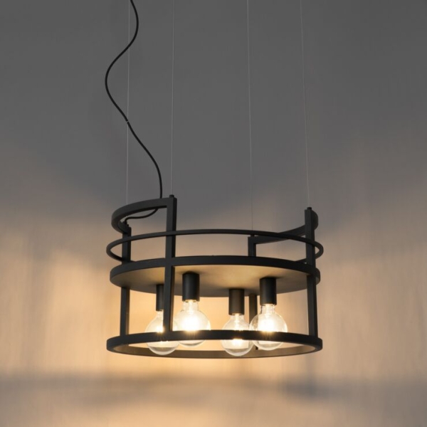 Industriële hanglamp zwart met rek rond 4-lichts - Cage Rack