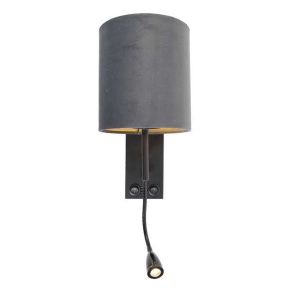 Smart wandlamp zwart met velours donkergrijze kap incl. Wifi a60 - stacca