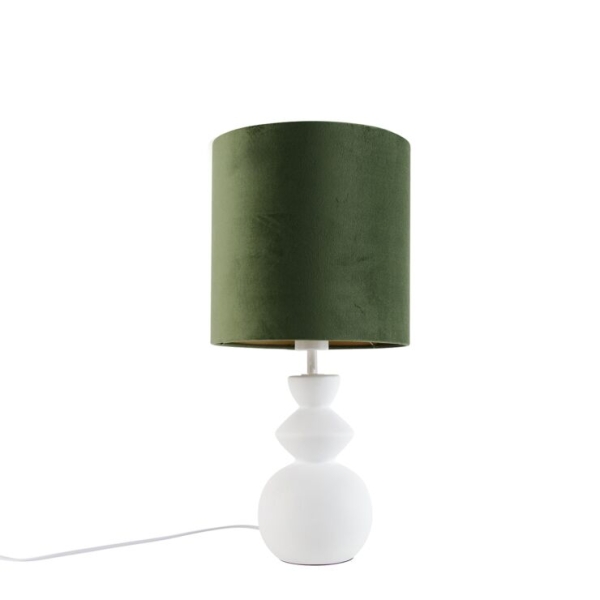 Design tafellamp wit velours kap groen met wit 25 cm - alisia