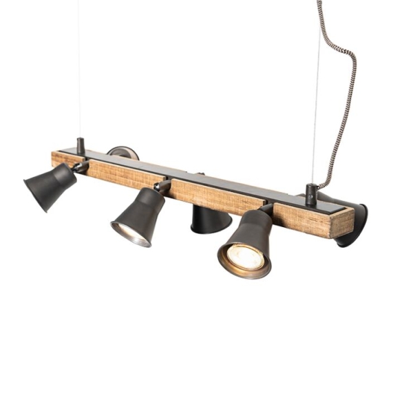 Landelijke hanglamp zwart met hout 6-lichts - Jelle