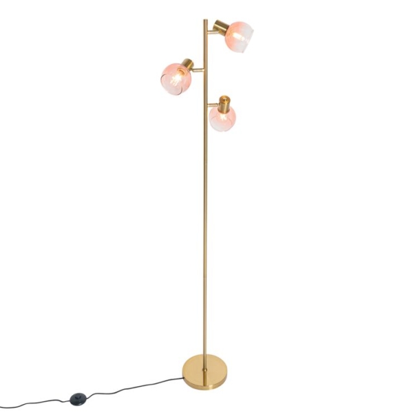 Art Deco vloerlamp goud met roze glas 3-lichts - Vidro