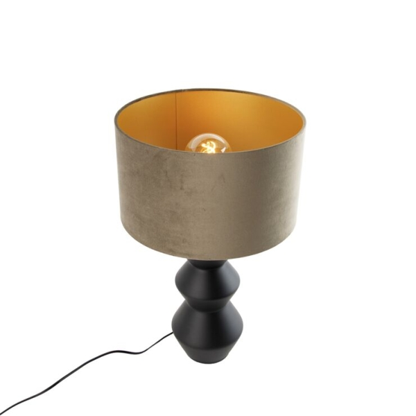 Design tafellamp zwart 16 cm velours kap taupe met goud 35 cm - Alisia